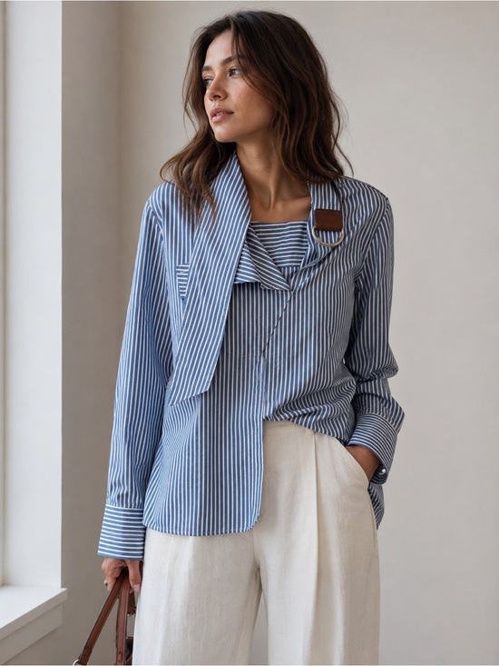 Tibi Tops - Tibi Blue White Striped Asymmetric Statement Shirt 2 6 cotton